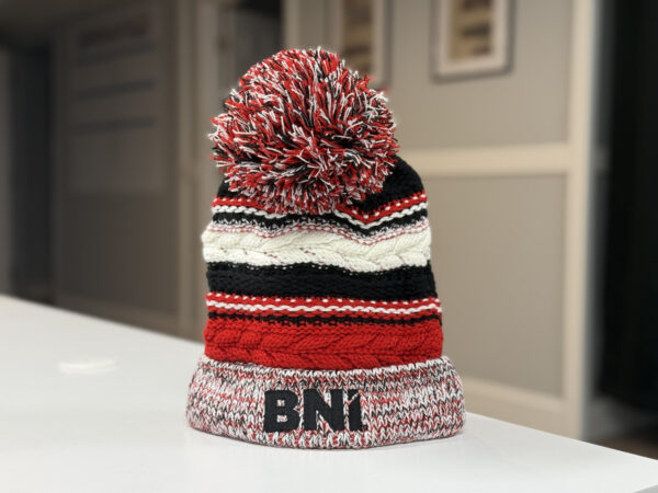 PomPom Hat - Red, Black and White Stripes with BNI Logo