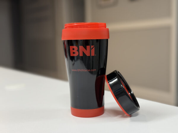 Travel Coffee Cup - Black Plastic, Red Logo